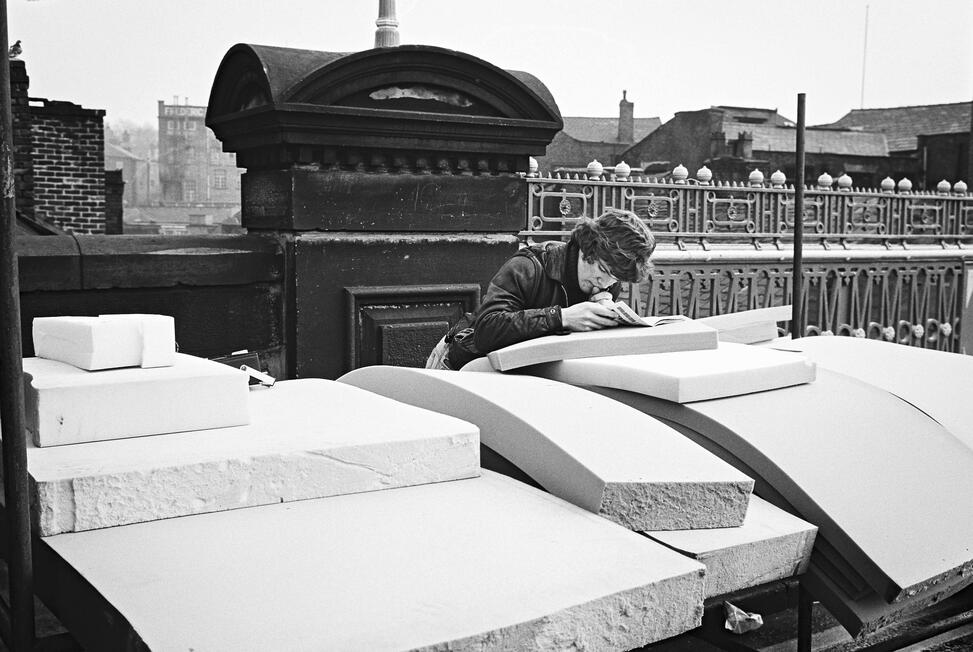 68. Foam Stall, Stephen Ashcroft, on the bridge over the UnderbanksMarks and Spencer Window, Stockport Collection